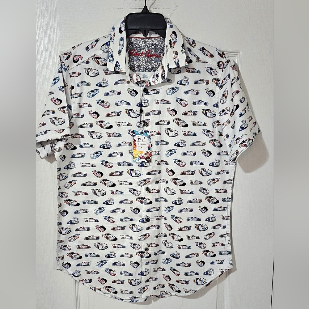 Robert Graham White Shirt with Colorful Car Pattern Short Sleeves New With Tags.